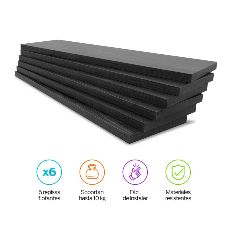 6 Repisas Flotantes de Madera Extra Grandes 50x15cm Redlemon