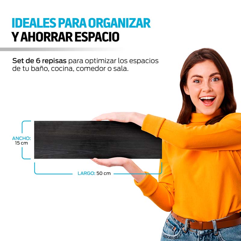 6 Repisas Flotantes de Madera Extra Grandes 50x15cm Redlemon