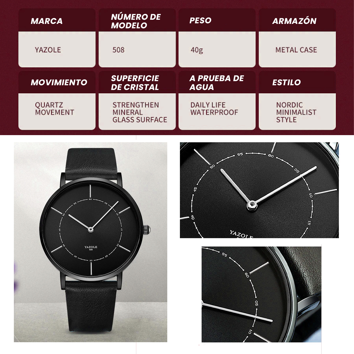 Reloj Minimalista Premium Yazole Contra El Agua Acero Y Piel