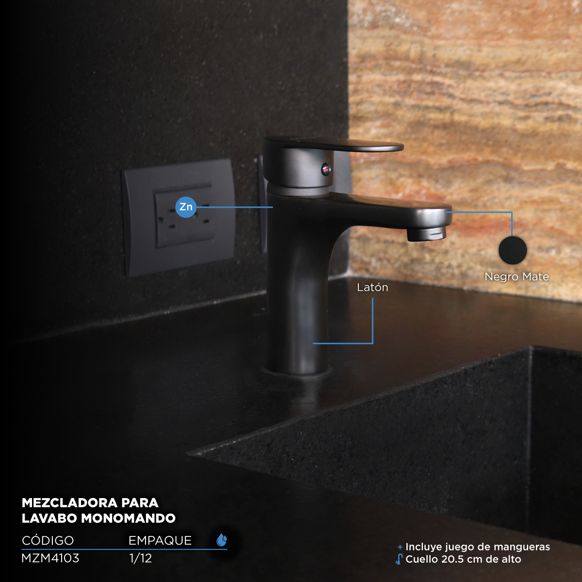 CNX Mezcladora Monomando Para Lavabo en Negro Mate, Incluye Mangueras para Agua Fría y Caliente