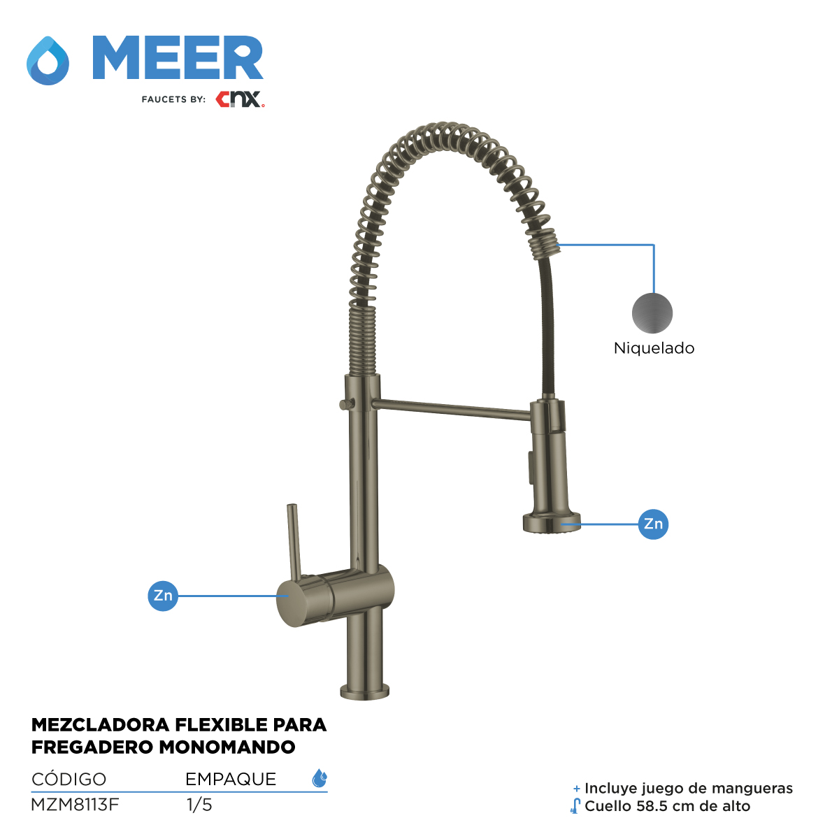 Mezcladora Flexible para Fregadero (Monomando) Acabado Niquelado, Incluye juego de Mangueras.