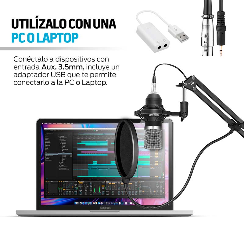 Micrófono Condensador Profesional Aux 3.5mm Antipop Redlemon
