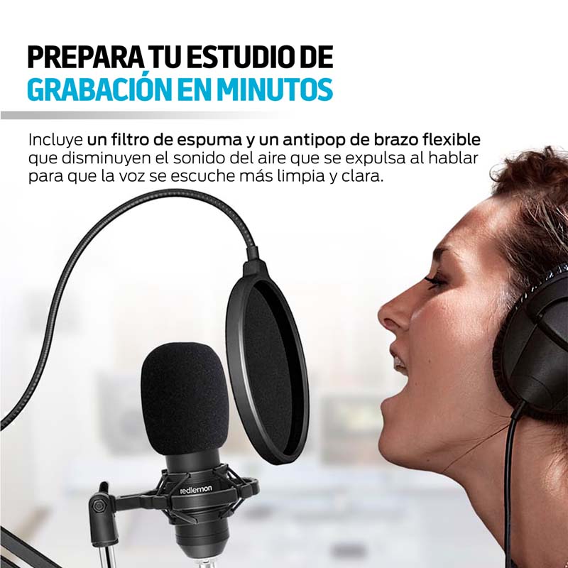 Micrófono Condensador Profesional Aux 3.5mm Antipop Redlemon