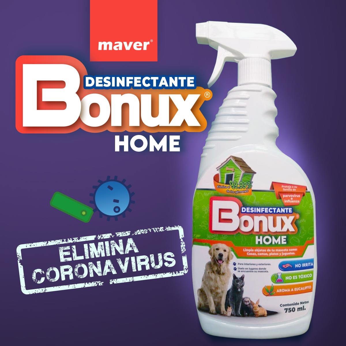 BONUX Home Desinfectante Atomizador 750 Ml Aroma Eucalipto Mascotas Perros y Gatos