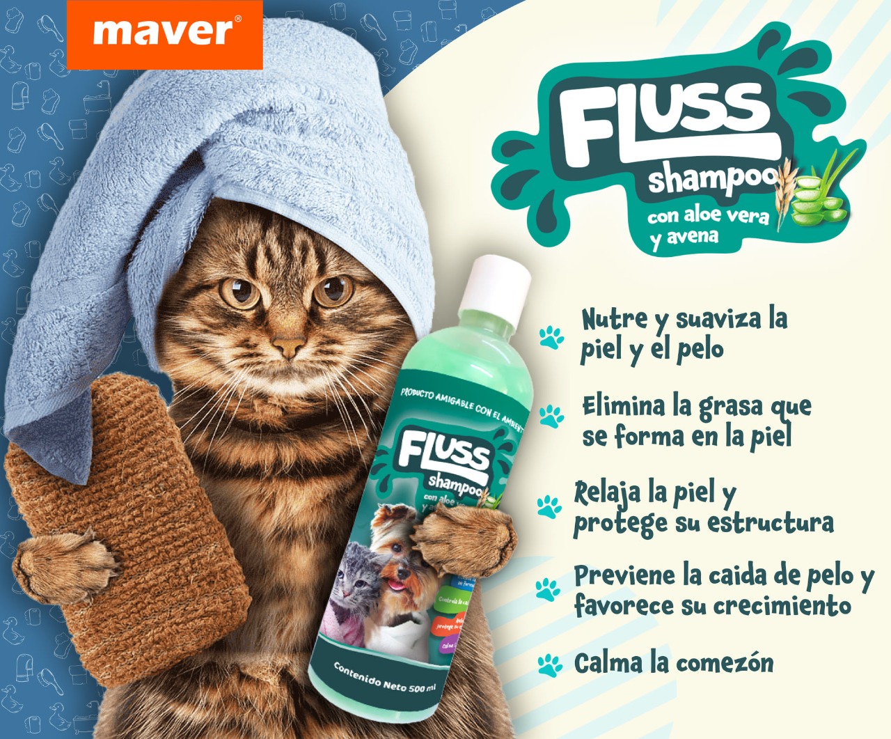 Shampoo para perros y Gatos Contiene Avena y Aloe 500 Ml FLUSS