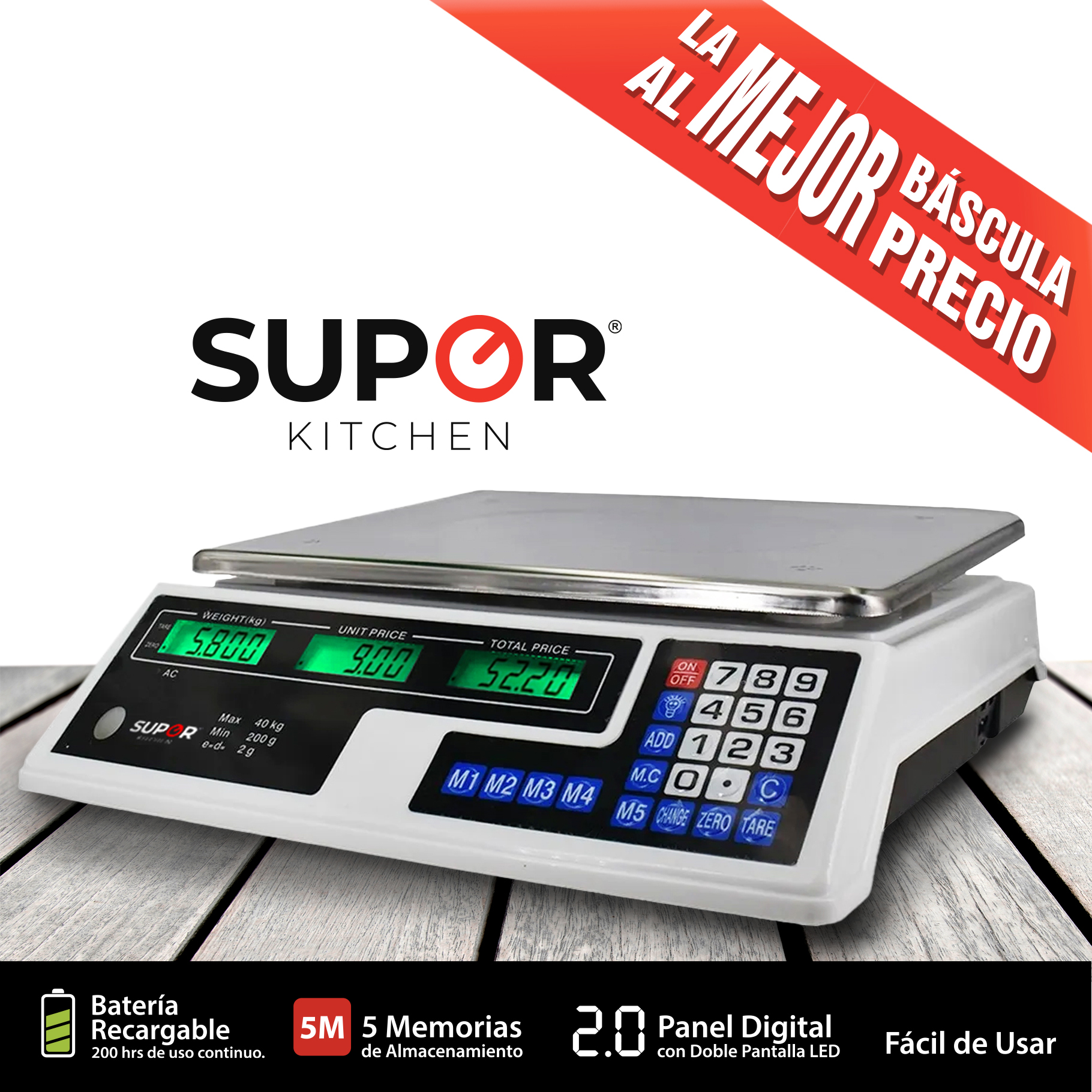 Bascula Comercial Digital Recargable 40kg Supor Negocio Cocina