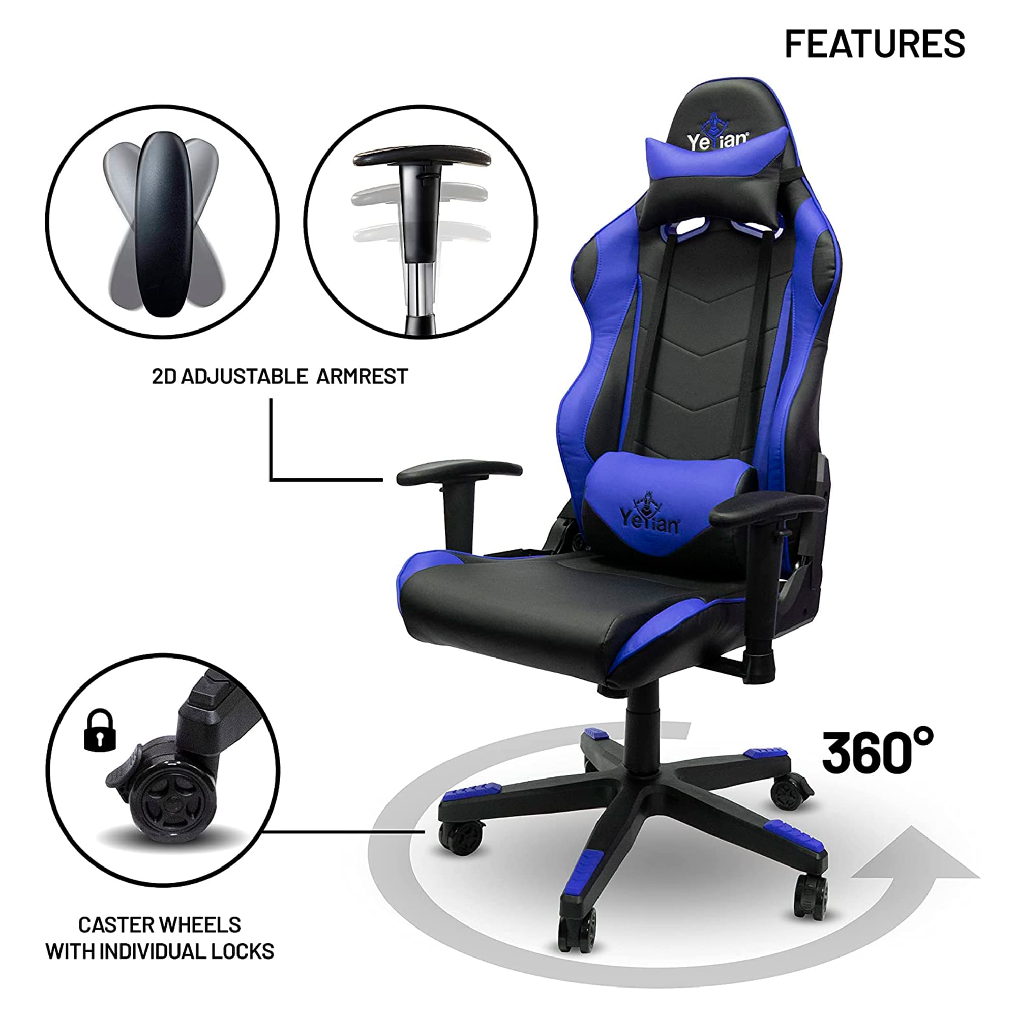 Silla Gamer Yeyian Cadira Serie 1150, Reclinable, con Reposabrazos 2D, Negro con Azul
