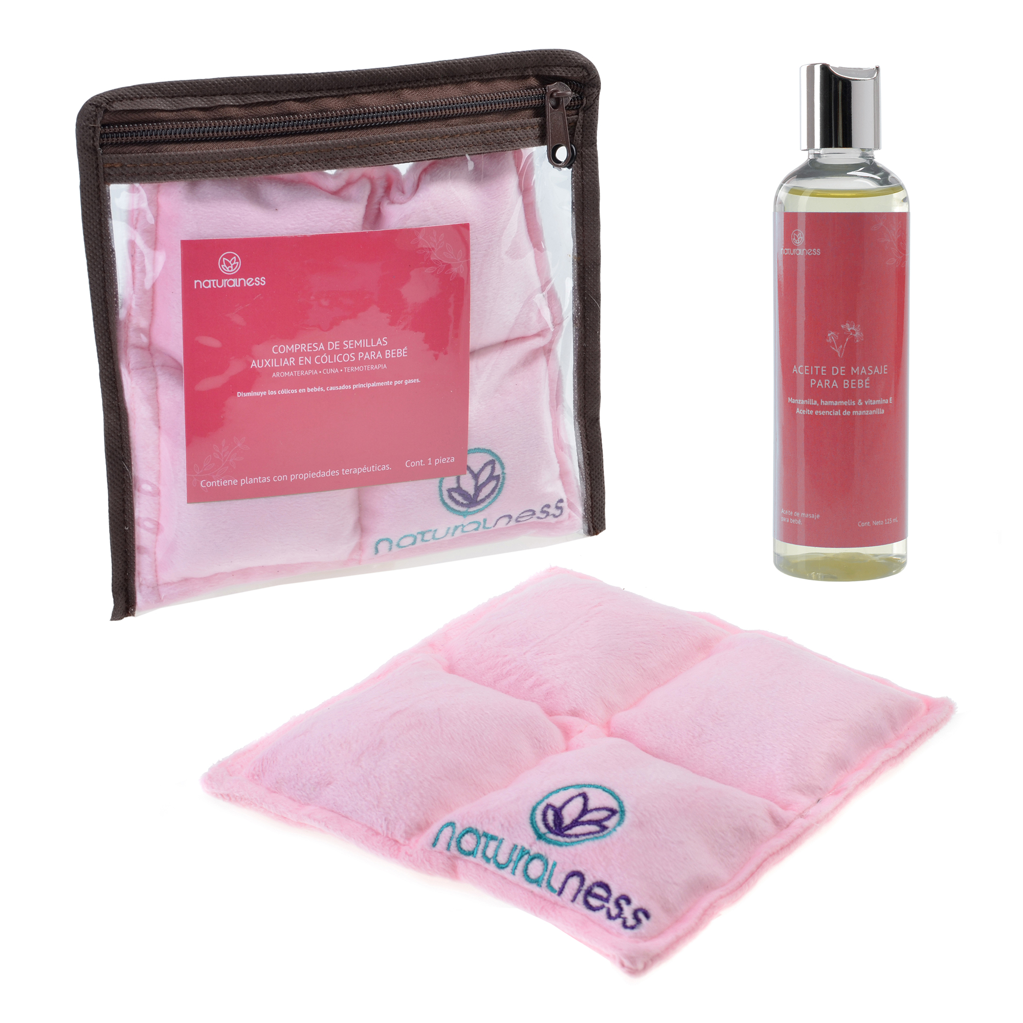 Naturalness - Compresa caliente  Bebé -  Elaborada con Semillas y Plantas medicinales, como manzanilla y lavanda entre otras. Ayuda a reducir cólicos de bebé y a dormir mas calientito. - Línea Bebé color rosa  (Compresa + Aceite 125 ml, Rosa)