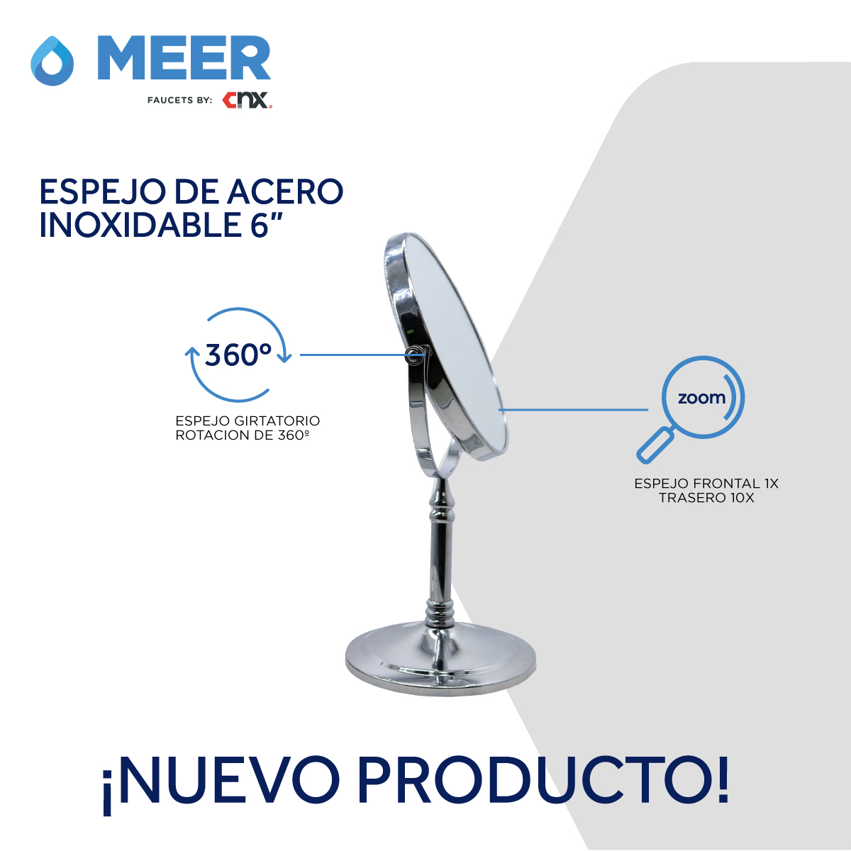 CNX Espejo de Acero Inoxidable de 6 Pulgadas Con Base (Espejo para maquillaje y de baño)