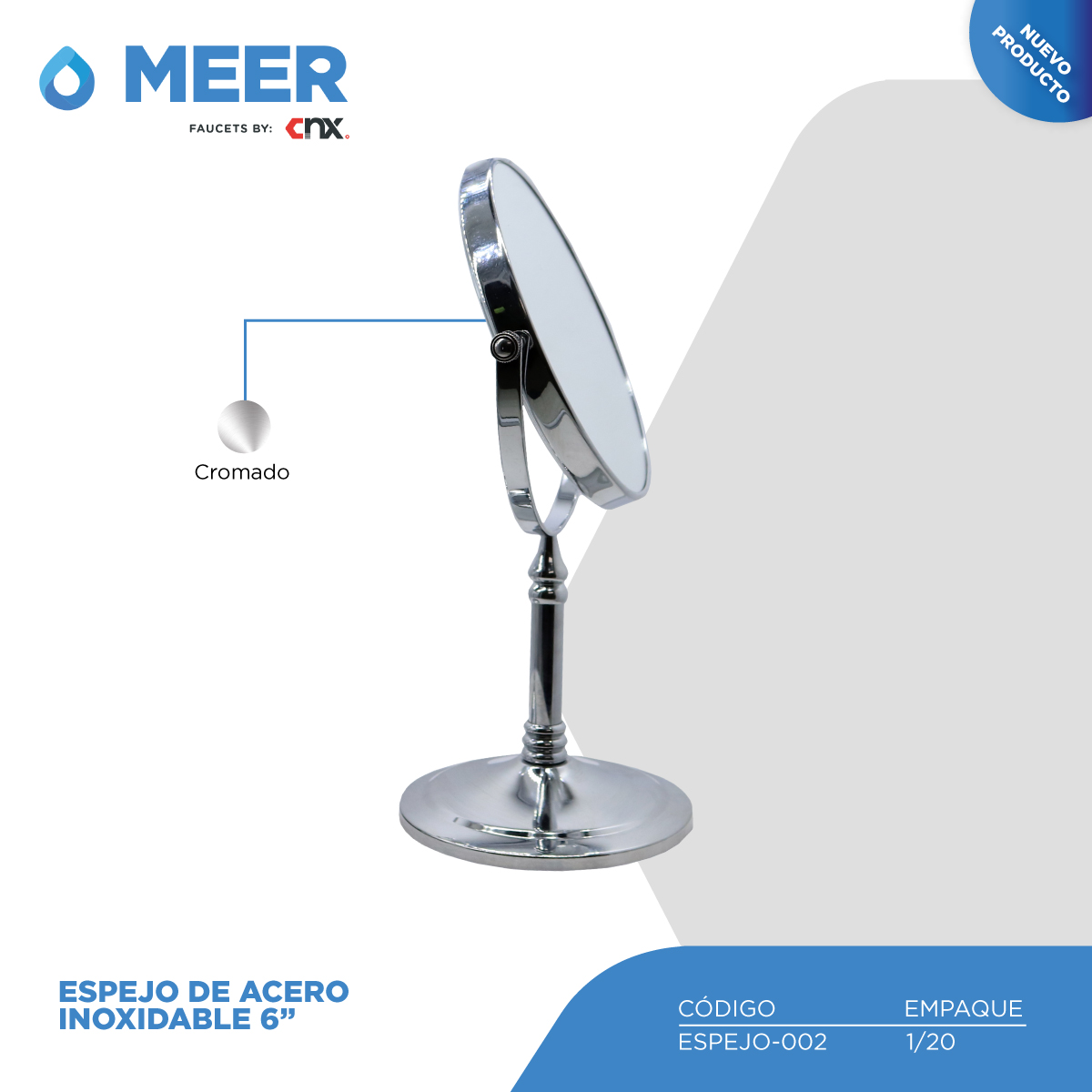 CNX Espejo de Acero Inoxidable de 6 Pulgadas Con Base (Espejo para maquillaje y de baño)