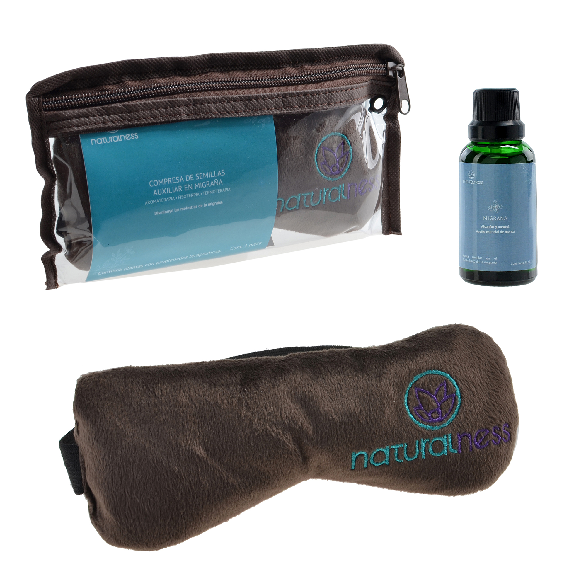 Naturalness Antifaz compresa máscara anti migraña con plantas medicinales, formula especializada para mitigar  las molestias  del dolor de  cabeza y barra de gel  recomendado para uso en frío. (paquete, antifaz y aceite 30 anti migraña)