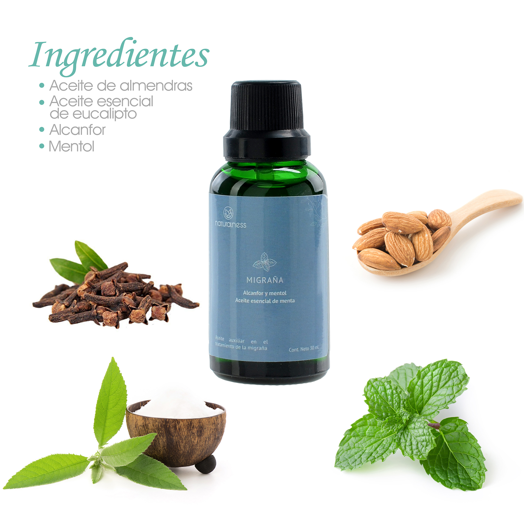 Naturalness Antifaz compresa máscara anti migraña con plantas medicinales, formula especializada para mitigar  las molestias  del dolor de  cabeza y barra de gel  recomendado para uso en frío. (paquete, antifaz y aceite 30 anti migraña)