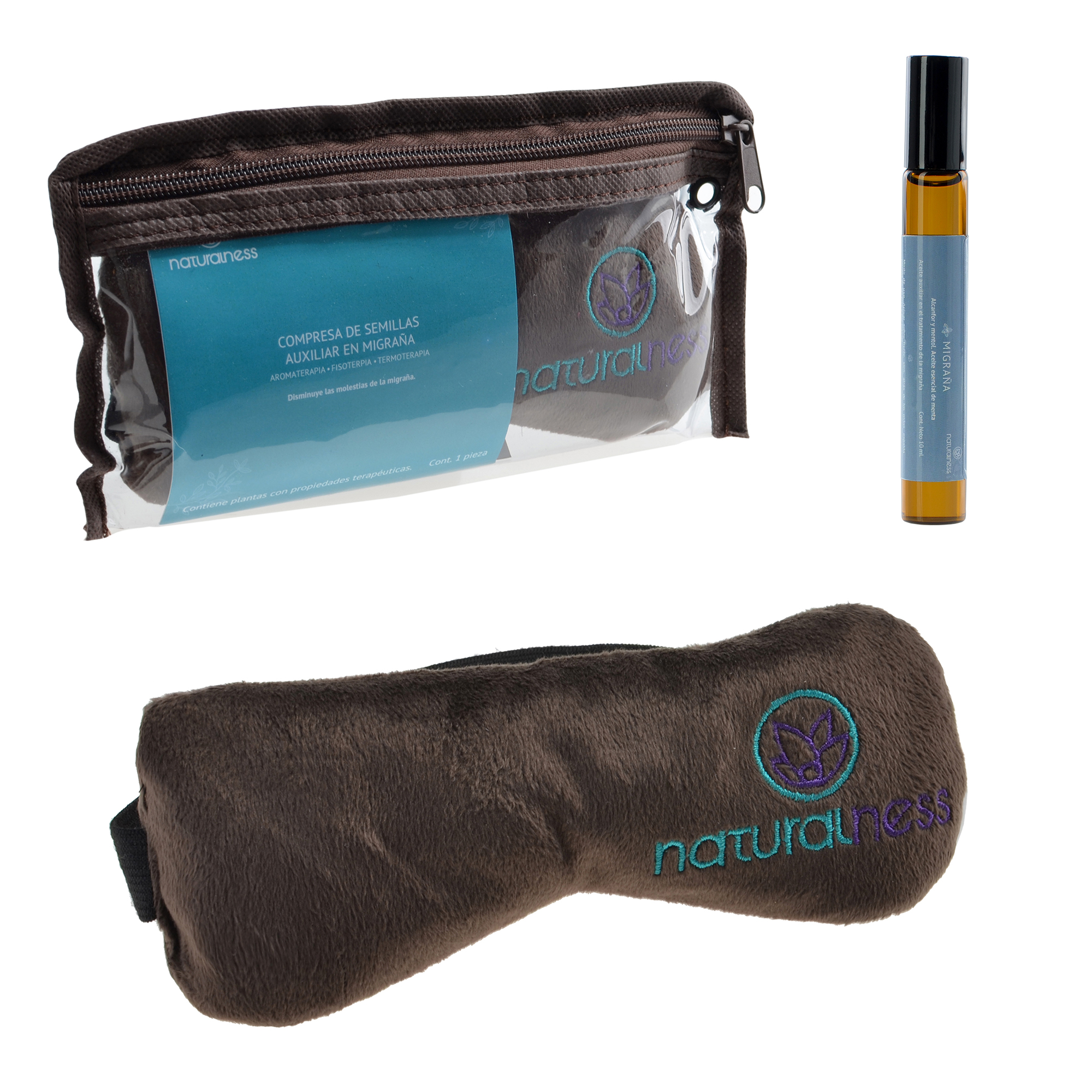 Naturalness Antifaz compresa  fría máscara anti migraña con plantas medicinales, formula especializada para mitigar  las molestias  del dolor de  cabeza y barra de gel  recomendado para uso en frío. (paquete, antifaz y rollon de 10 ml aceite anti migraña)