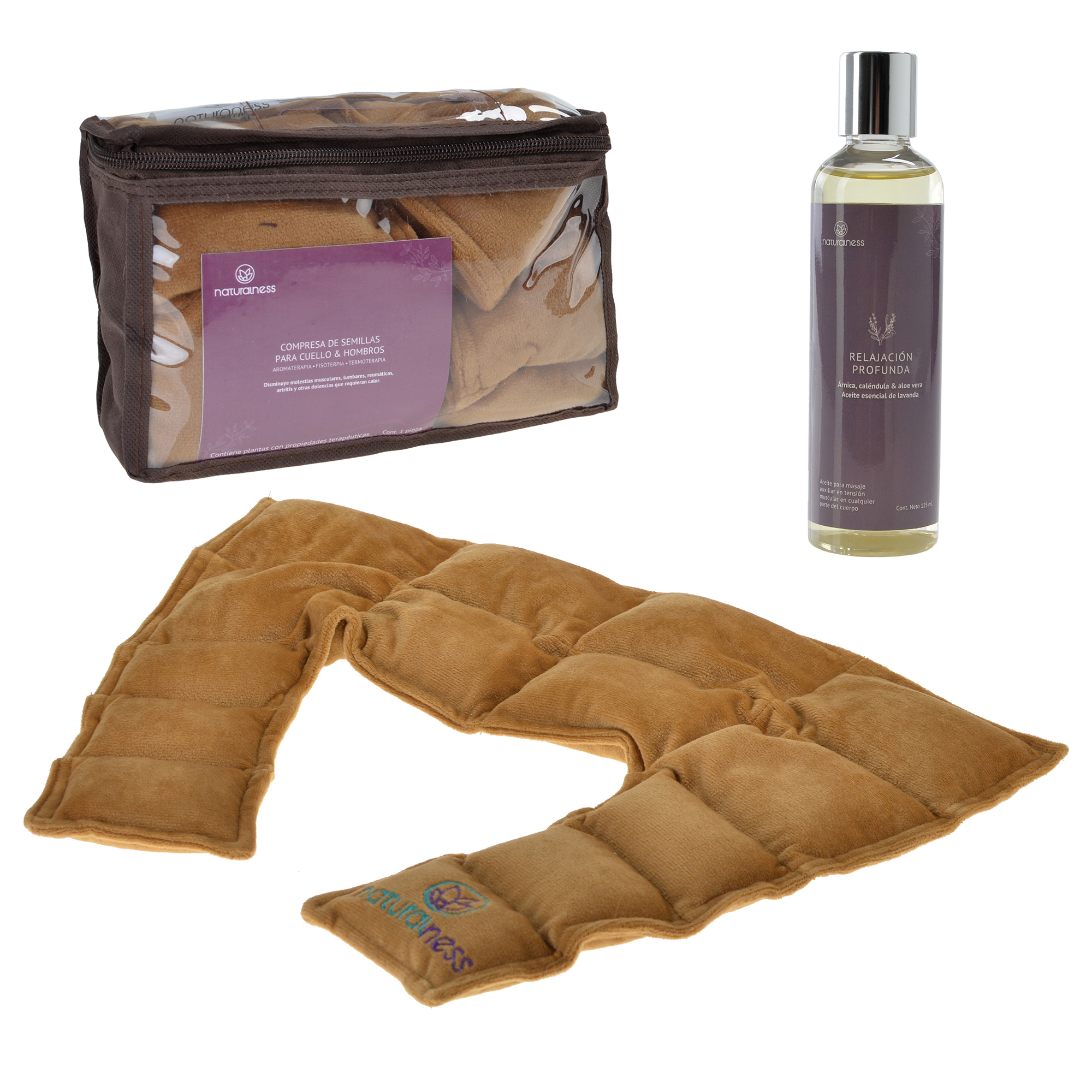 Paquete Compresa para cuello y hombros. Elaborada con Semillas y Plantas Medicinales -Y Aceite para masaje Relajacion Profunda de 125 ml (Compresa + Aceite 125 ml)