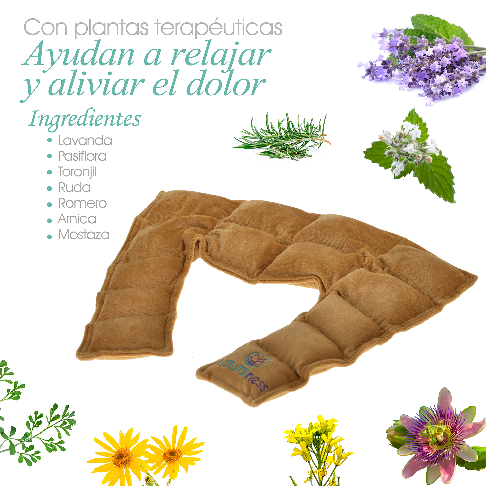 Paquete Compresa para cuello y hombros. Elaborada con Semillas y Plantas Medicinales -Y Aceite para masaje Relajacion Profunda de 125 ml (Compresa + Aceite 125 ml)