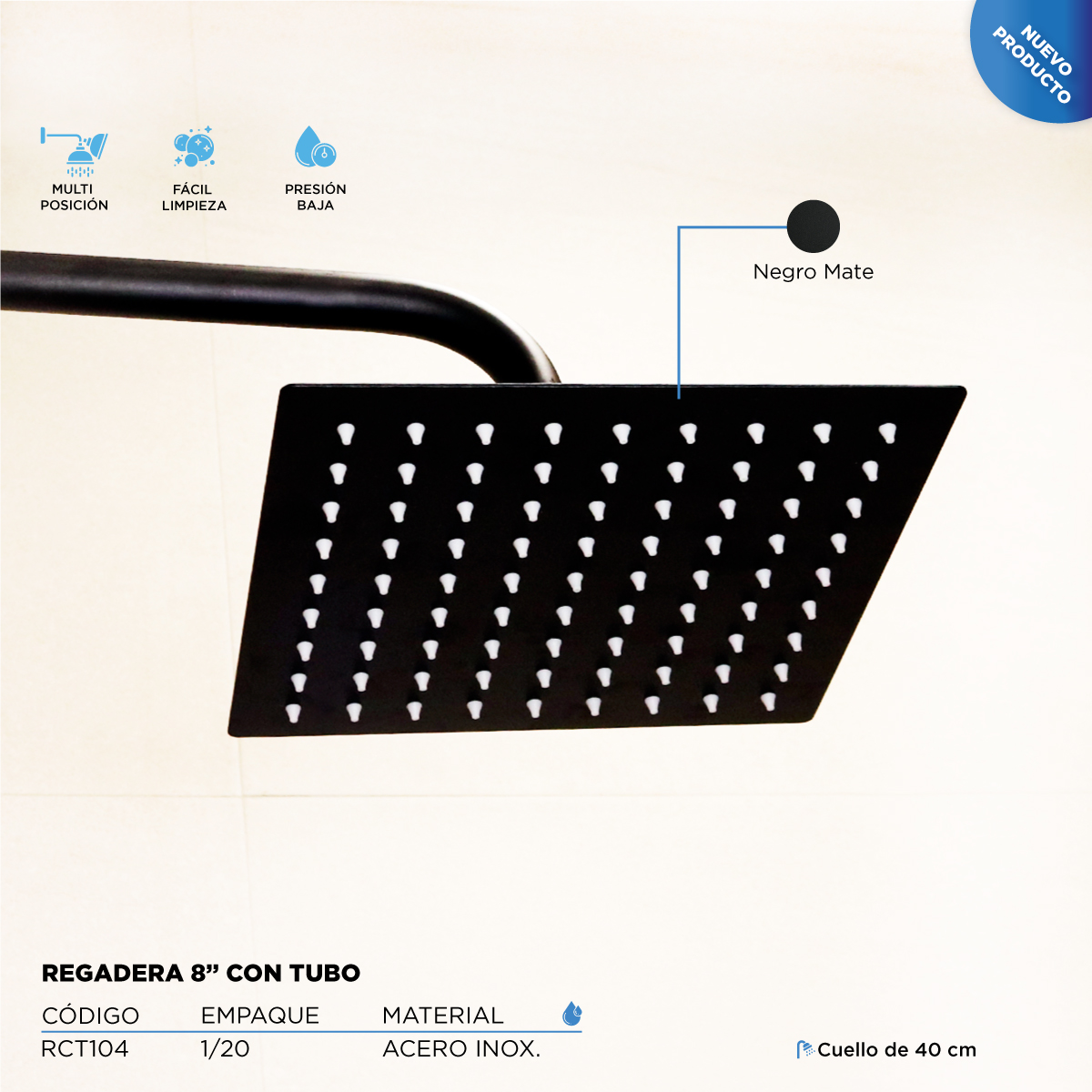 Regadera de 20 cm (8" pulgadas) Color Mate con Tubo de 40 cm de largo