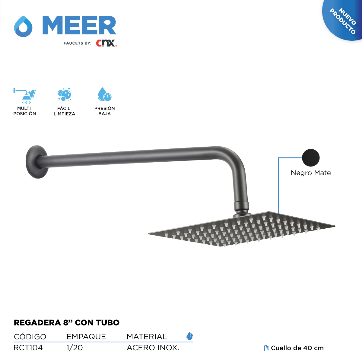 Regadera de 20 cm (8" pulgadas) Color Mate con Tubo de 40 cm de largo