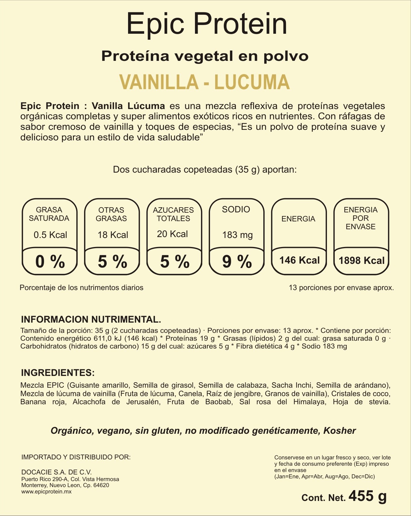 Proteína en polvo Orgánica Epic Protein sabor Vanilla Lúcuma