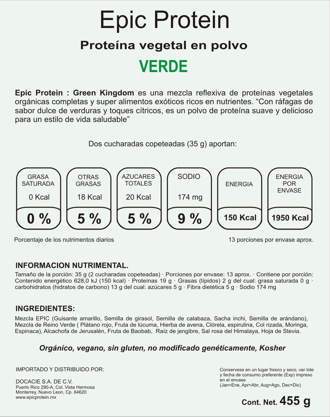 Proteína en polvo Orgánica Epic Protein sabor Green Kingdom