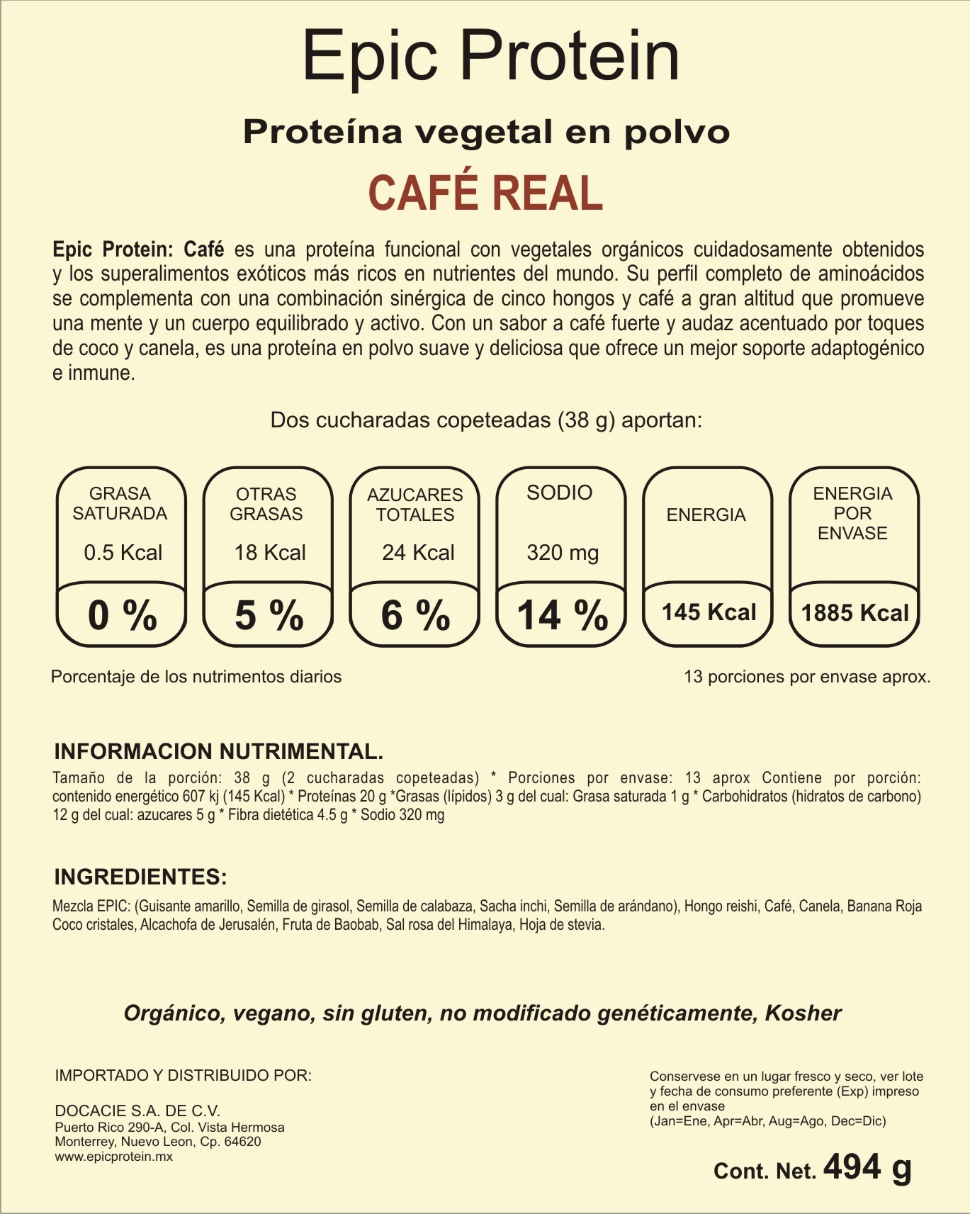 Proteína en polvo Orgánica Epic Protein sabor Coffee Mushroom