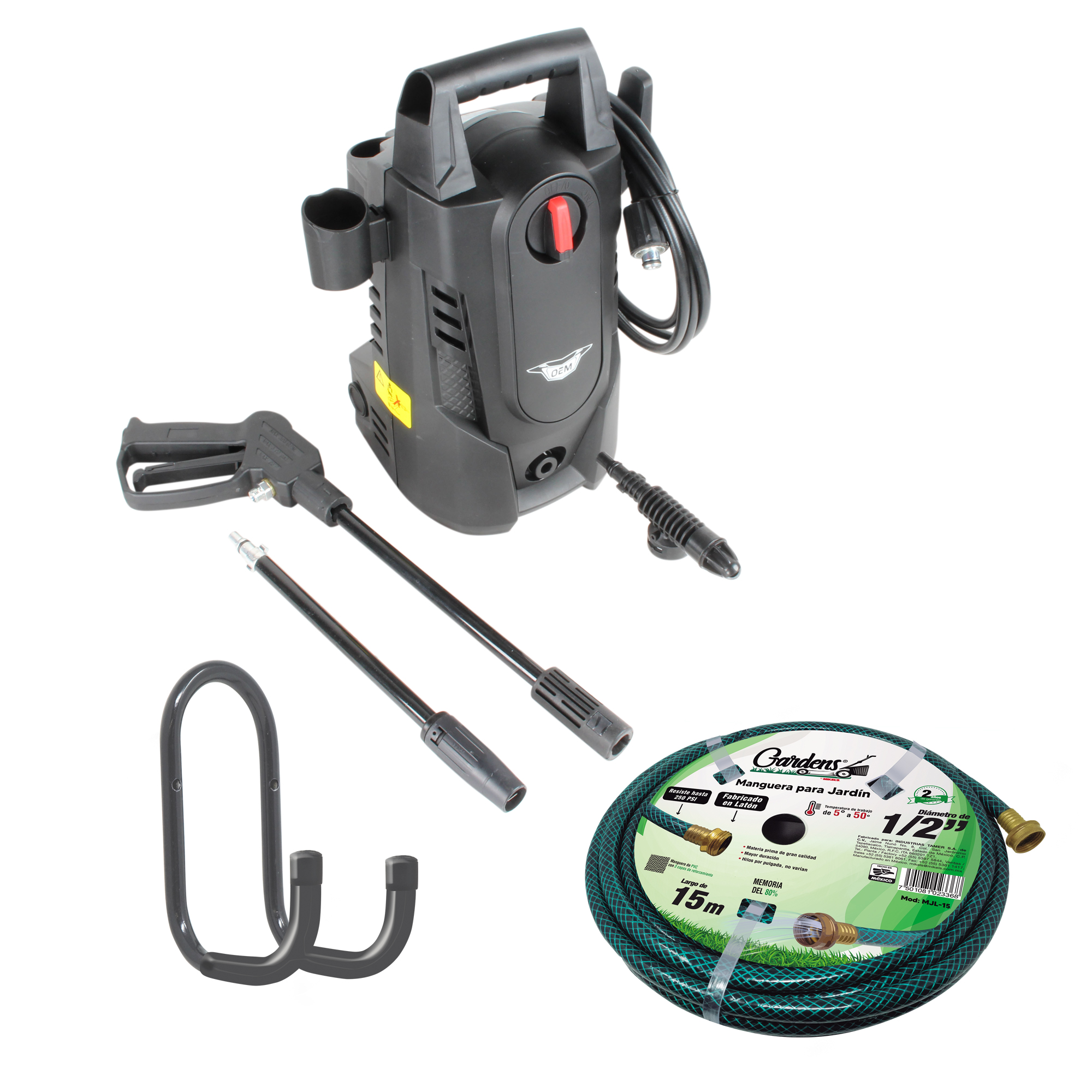 KIT Hidrolavadora eléctrica OEM 1500 PSI con Manguera para jardin 15 metros y Gancho colgador 