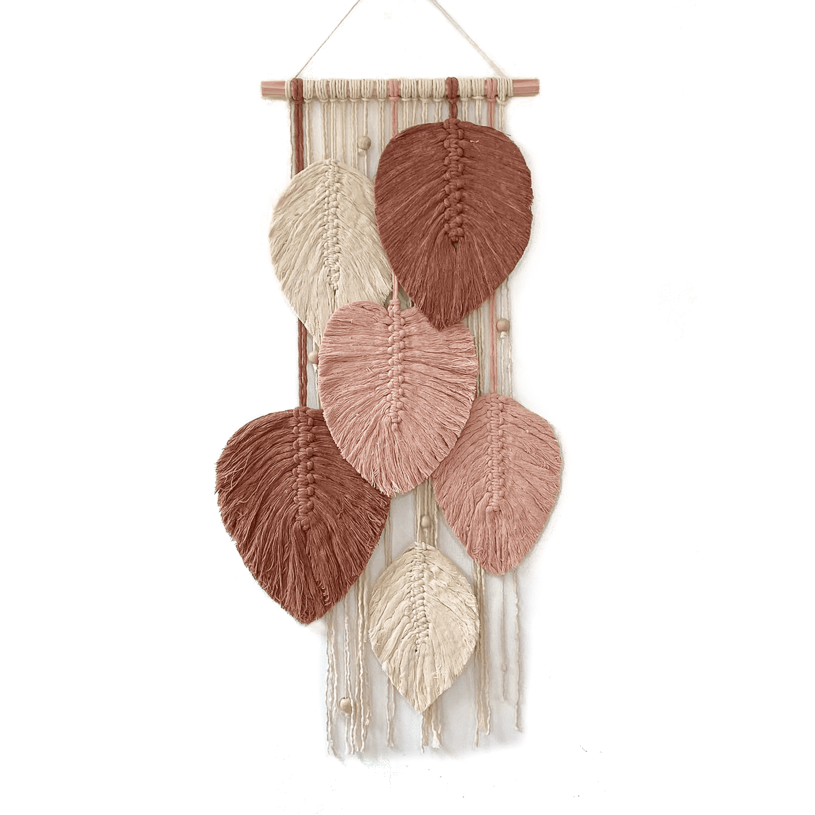 Tapiz de Macramé Pindeli Poli Hecho a Mano, Modelo Hojitas de Colores Natural, Moka y Rosa