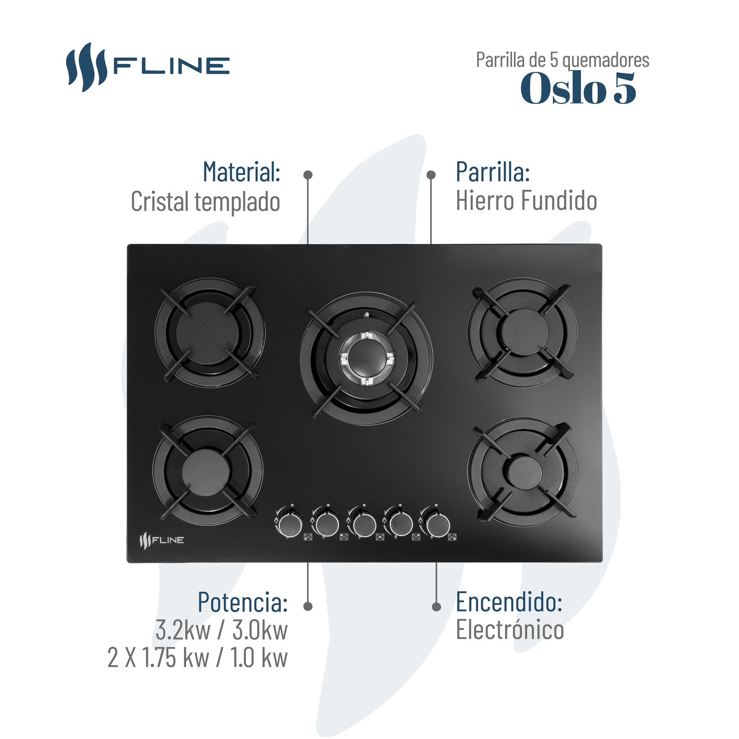 Parrilla de Gas Empotrable 5 Quemadores Vidrio templado | Oslo 5 | FLINE