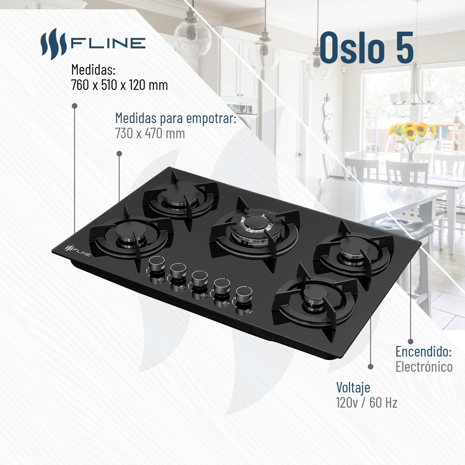 Parrilla de Gas Empotrable 5 Quemadores Vidrio templado | Oslo 5 | FLINE