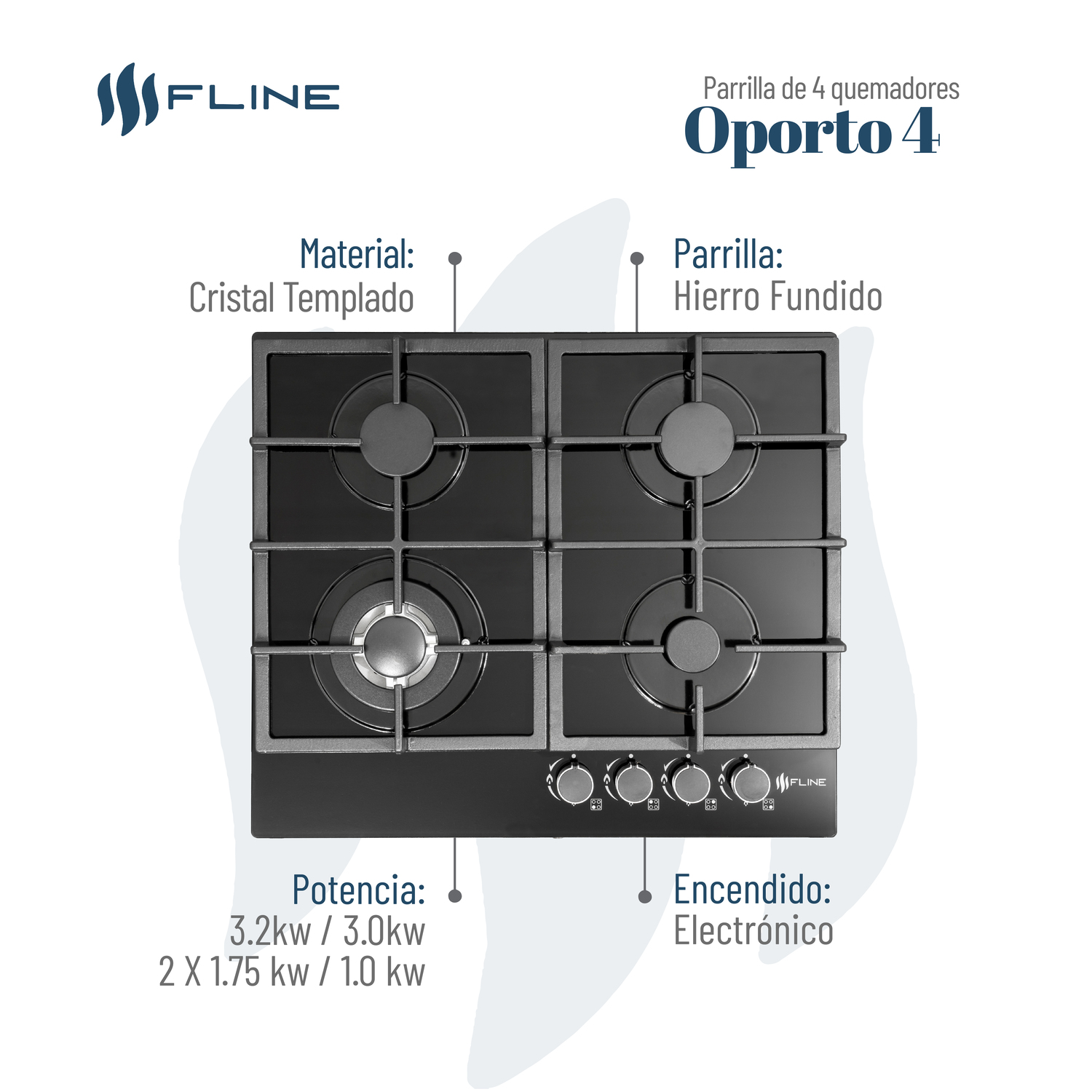 Parrilla de Gas Empotrable 4 Quemadores  Vidrio templado | Oporto 4 | FLINE