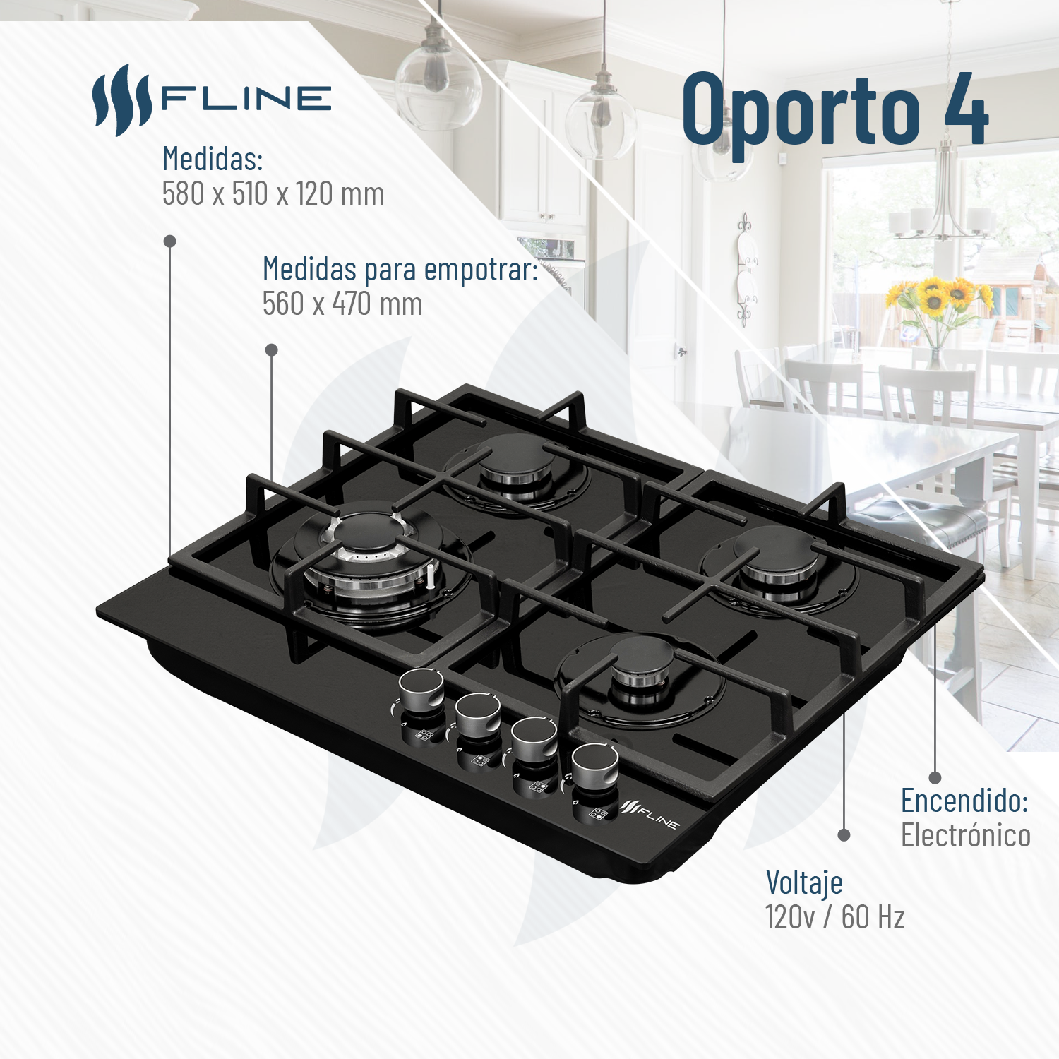 Parrilla de Gas Empotrable 4 Quemadores  Vidrio templado | Oporto 4 | FLINE
