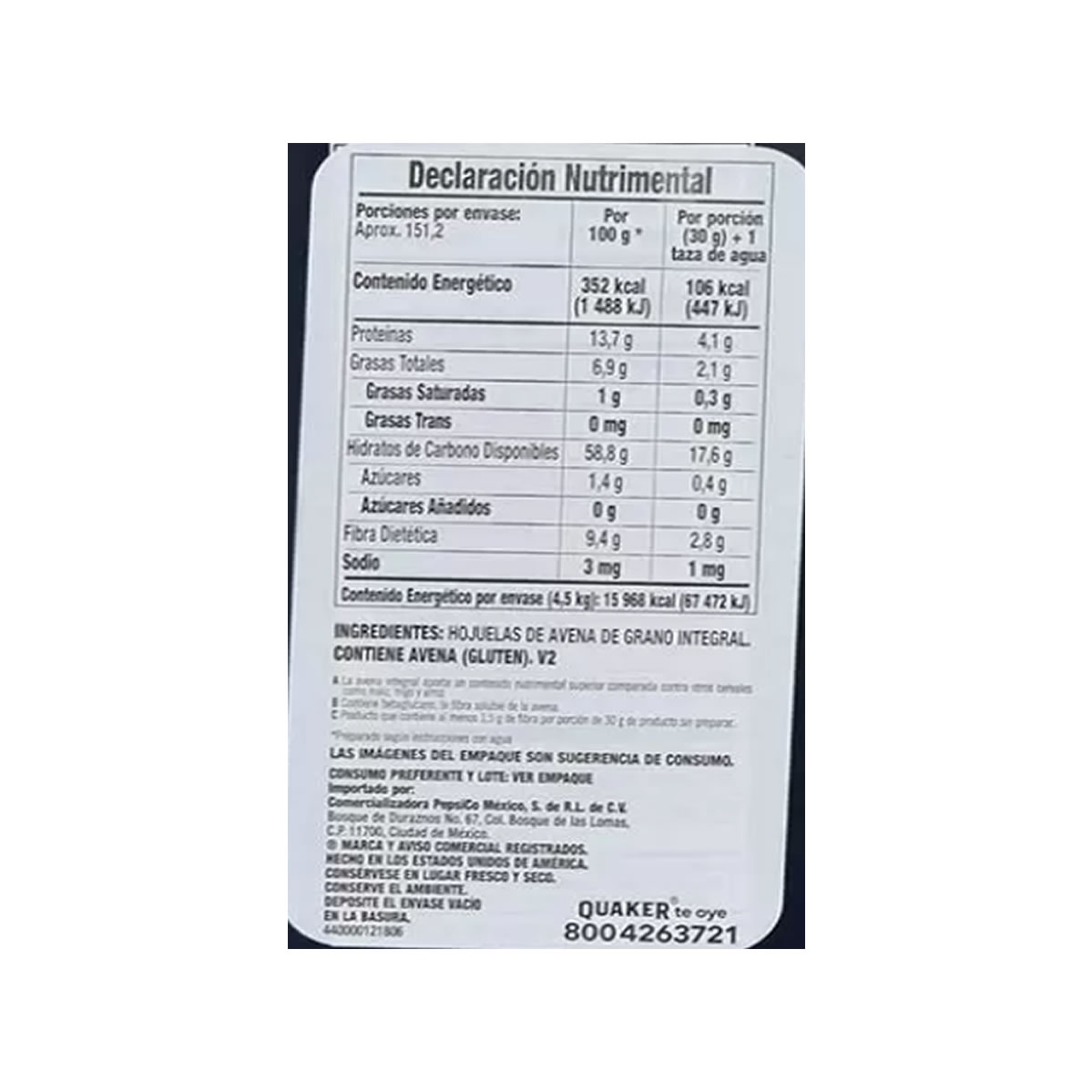 Quaker Avena Natural 4.52 kg.