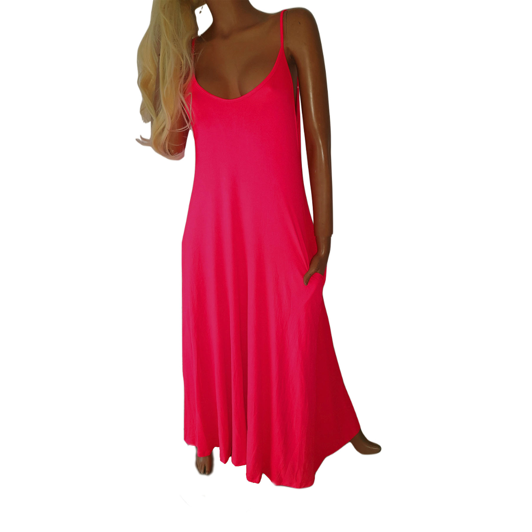 Vestido suelto casual rosa fosforescente o neon sin mangas 