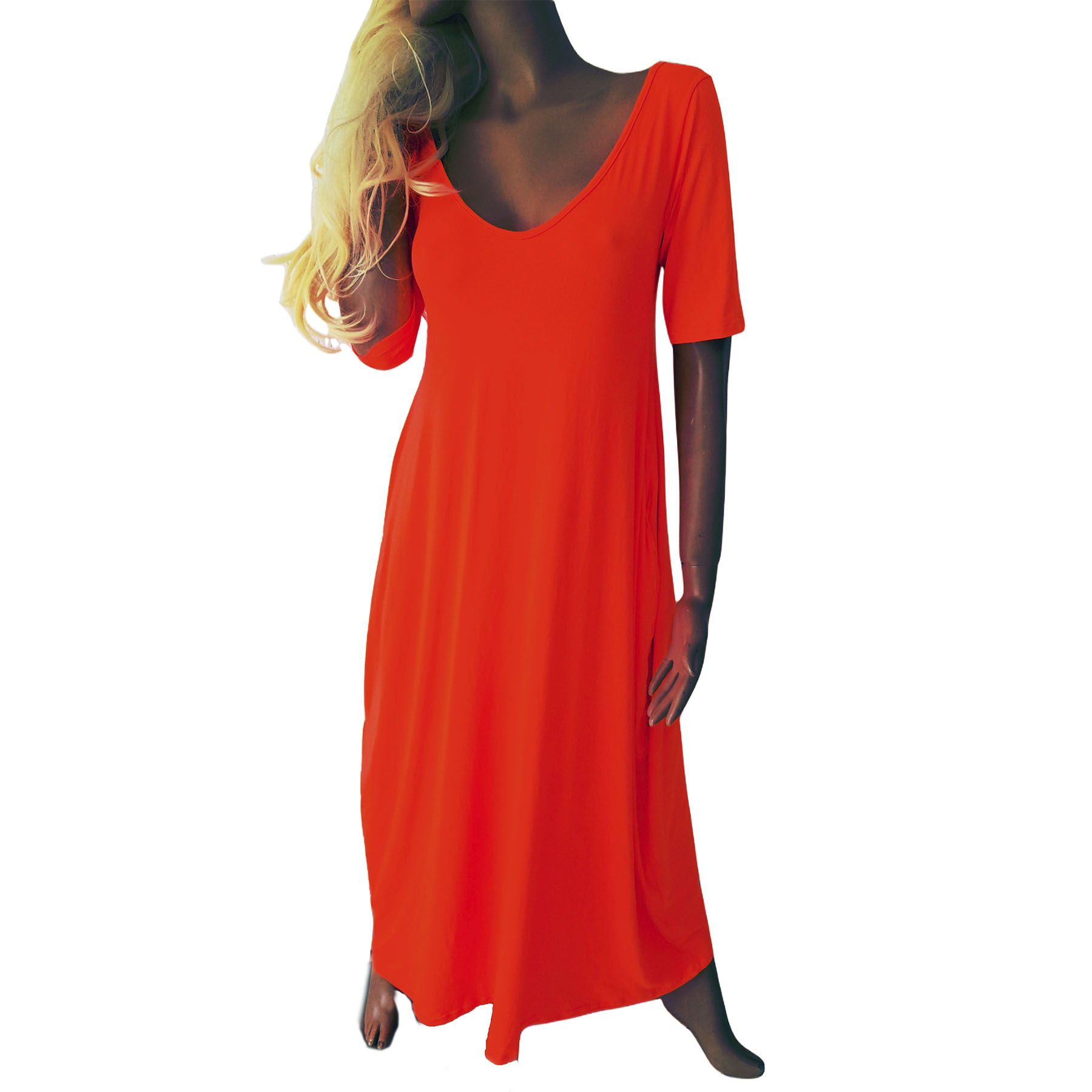 Vestido casual largo color naranja con mangas