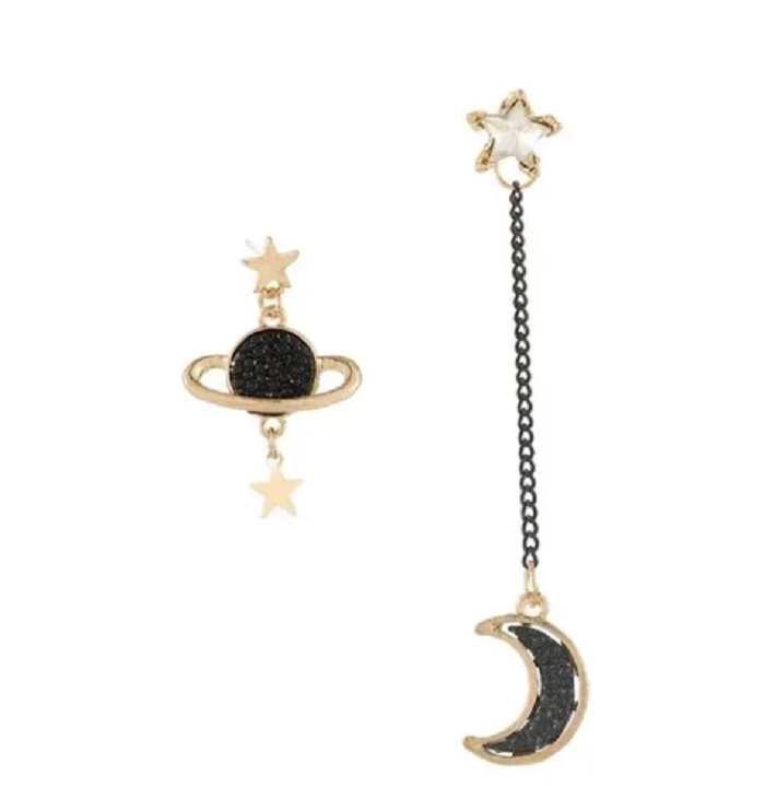 Aretes Asimétricos Largo Luna Estrella Y Planeta