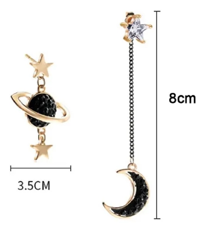 Aretes Asimétricos Largo Luna Estrella Y Planeta