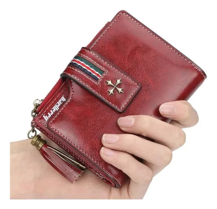 Cartera corta con borlas para mujer, bolso de mano de cuero PU