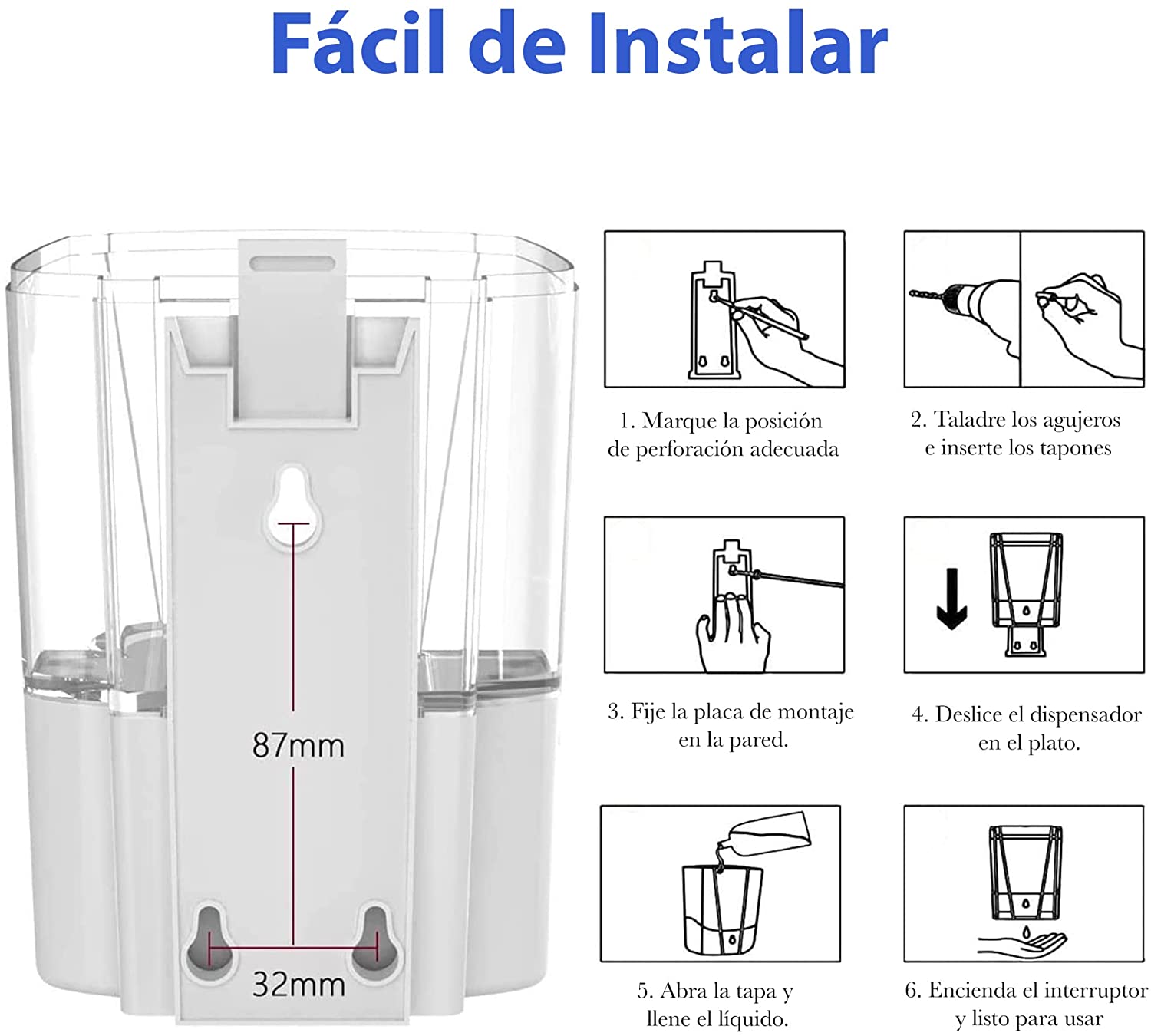 Dispensador de Jabón Automático de 700ml sin Contacto eléctrico Dispensador de gel antibacterial y Despachador de Jabón con Sensor de Movimiento Infrarrojo