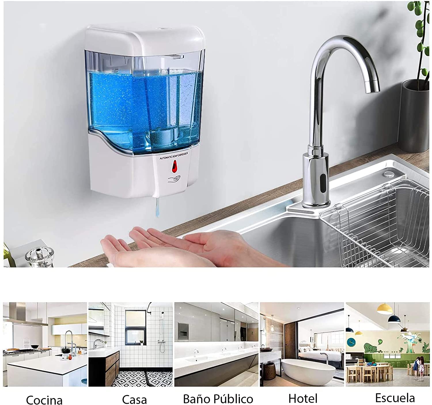 Dispensador de Jabón Automático de 700ml sin Contacto eléctrico Dispensador de gel antibacterial y Despachador de Jabón con Sensor de Movimiento Infrarrojo