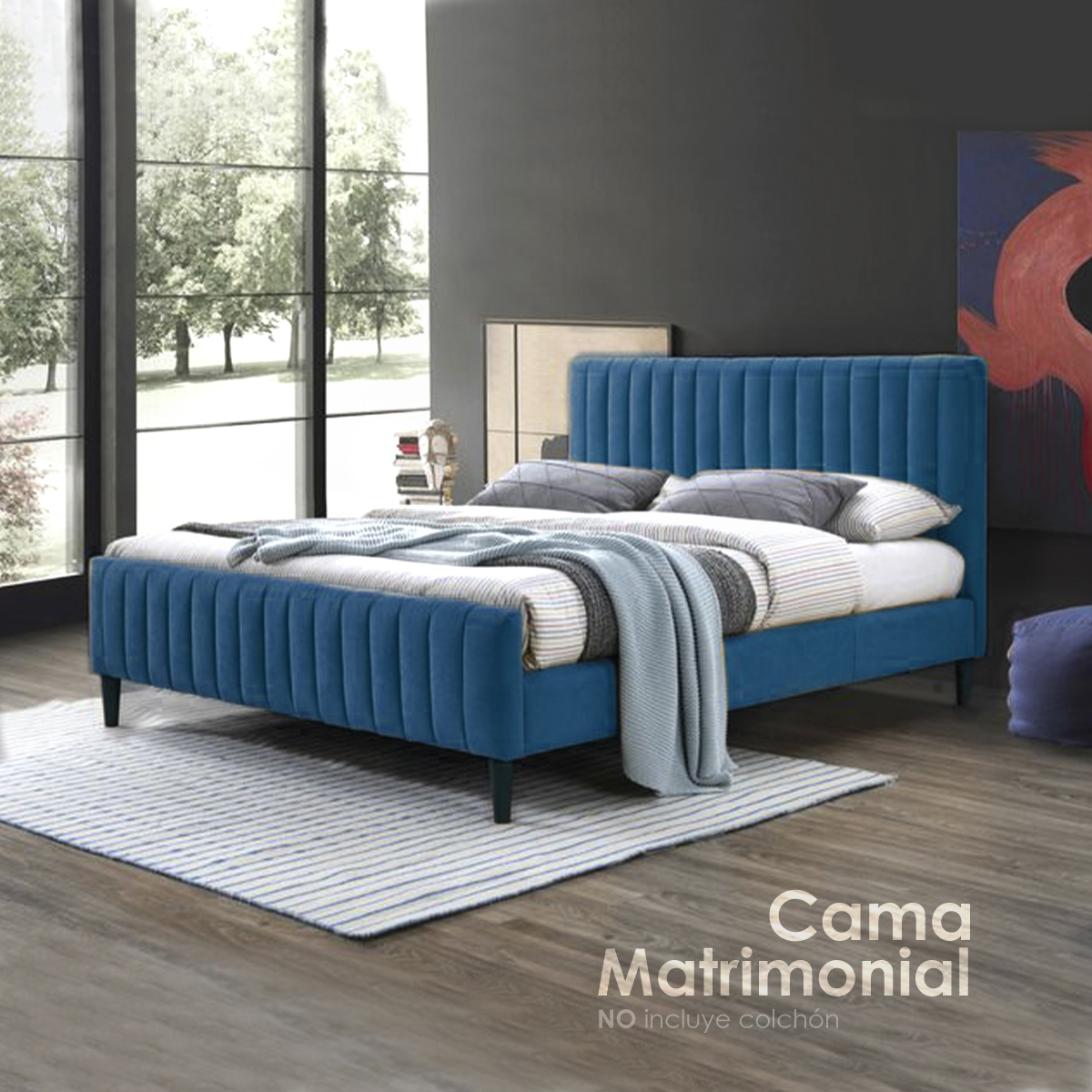 Cama matrimonial verona, juego de cabecera y base tapizada de terciopelo, cama suave de madera sólida