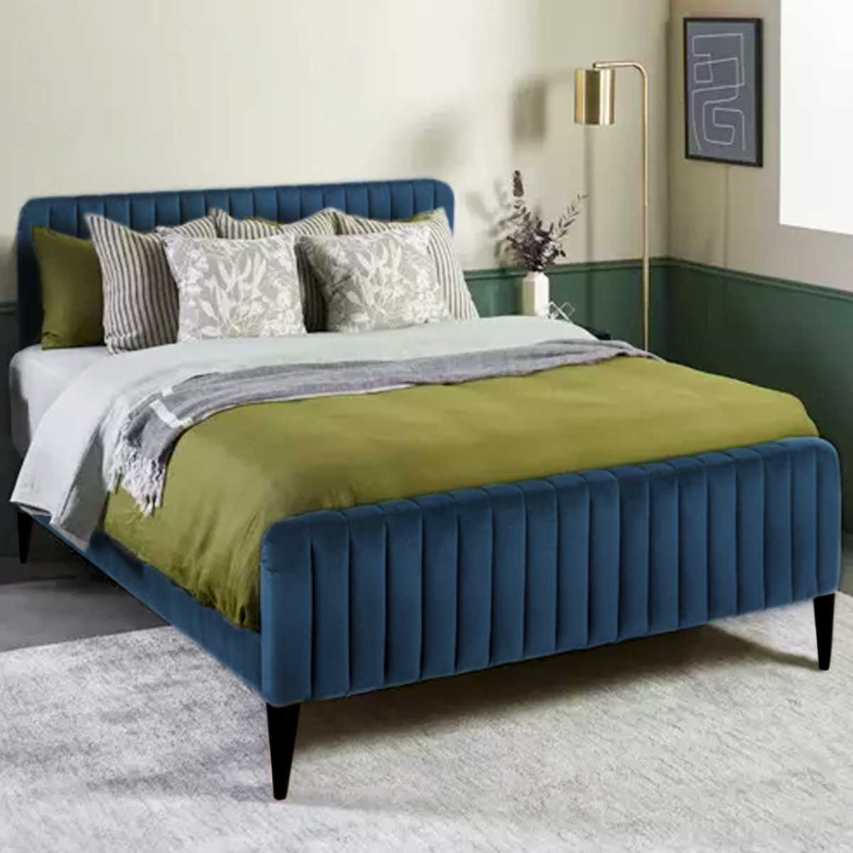 Cama matrimonial verona, juego de cabecera y base tapizada de terciopelo, cama suave de madera sólida
