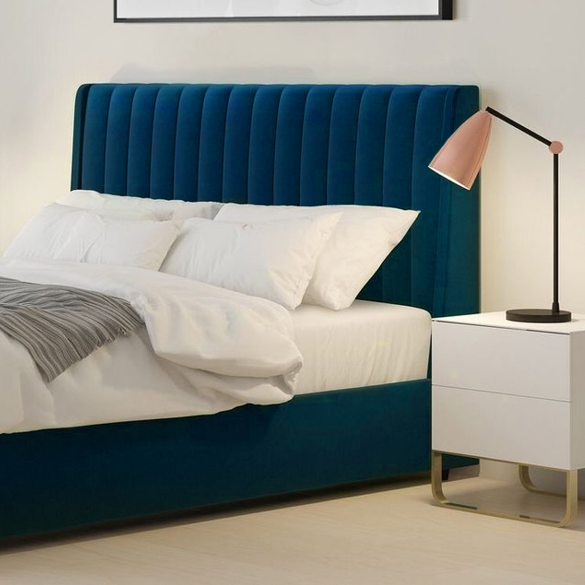 Cama matrimonial verona, juego de cabecera y base tapizada de terciopelo, cama suave de madera sólida