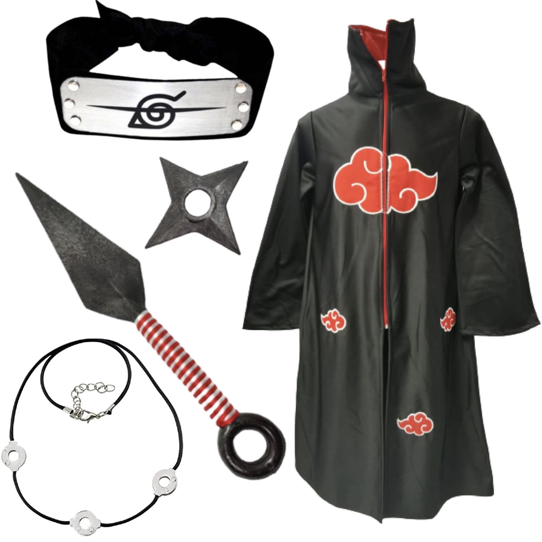 Cosplay Infantil Naruto Disfraz Niños Itachi: 1 Bata Akatsuki, 1 Banda Hoja Konoha Renegado, 1 Collar 1 Kunai 1 Shuriken