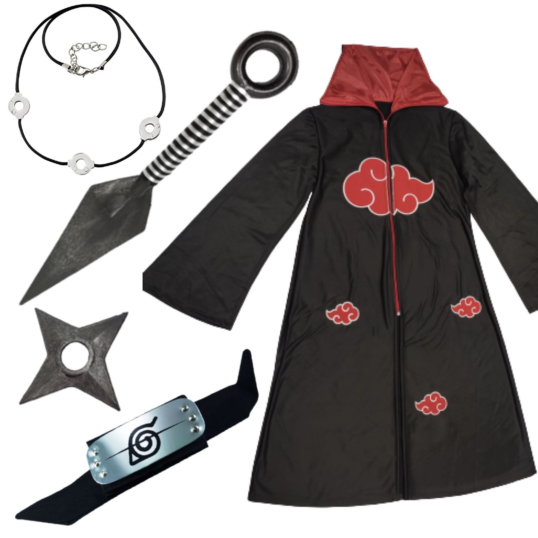 Cosplay Infantil Naruto Disfraz Niños Itachi: 1 Bata Akatsuki, 1 Banda Hoja Konoha Renegado, 1 Collar 1 Kunai 1 Shuriken