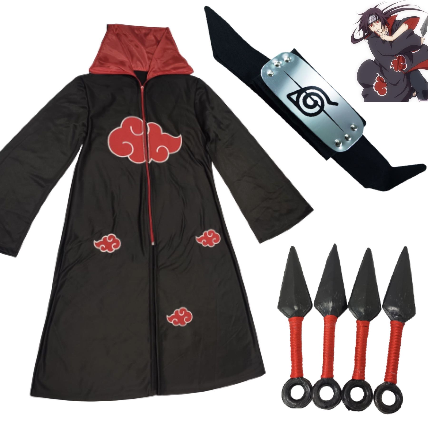 Cosplay Infantil Naruto Disfraz Combo Niños Itachi Uchiha: 1 Bata Akatsuki, 1 Banda Aldea Hoja Konoha Renegado y 4 Kunai