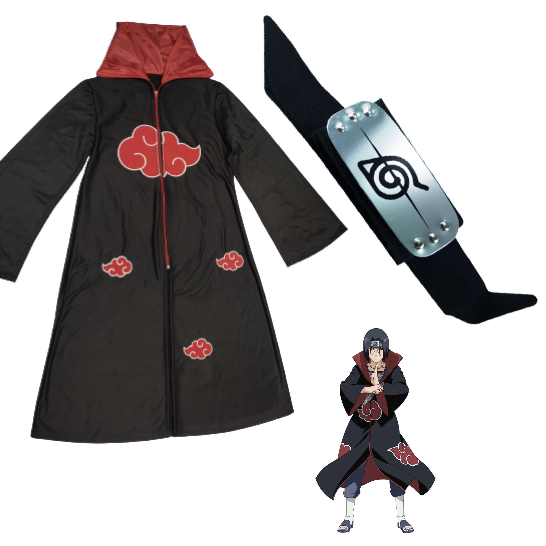 Cosplay Infantil Naruto Disfraz Combo Niños Itachi Clan Uchiha: 1 Bata Akatsuki y 1 Banda Aldea Hoja Konoha Renegado