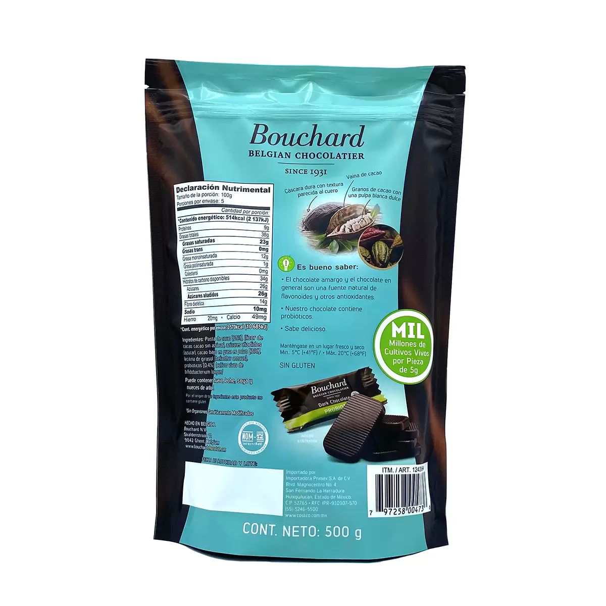 Chocolate Belga Amargo Bouchard 500g Probióticos 100 Piezas