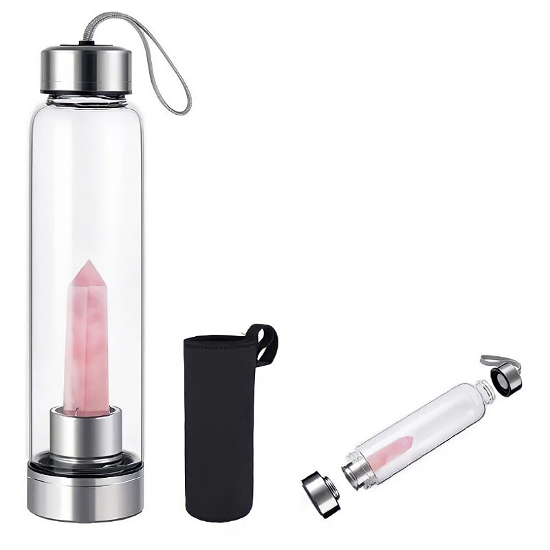 Botella Agua Con Cristal Energético Piedra Cuarzo Rosa
