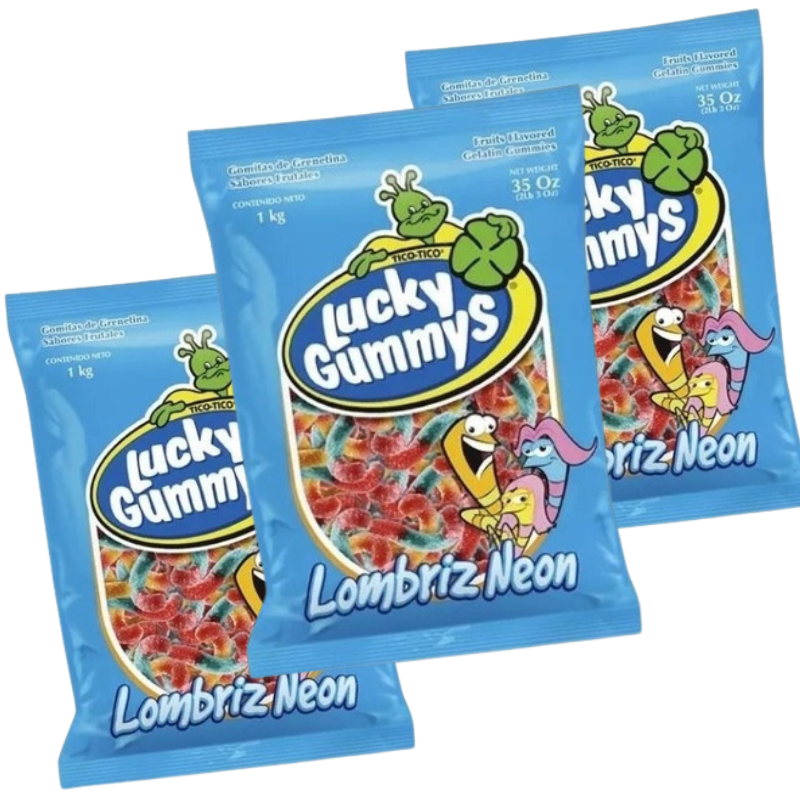 Paquete con 4 Lucky Gummy Lombriz Neon 1 kg c/u