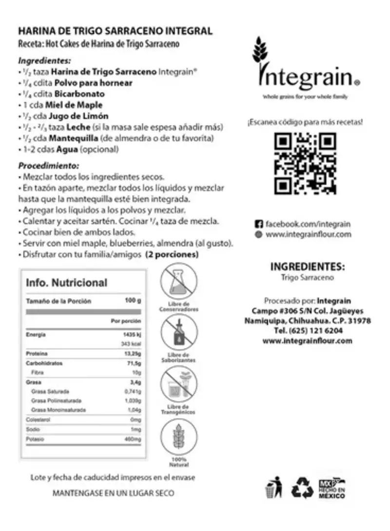 Harina De Trigo Sarraceno Integral 830g Integrain Orgánica