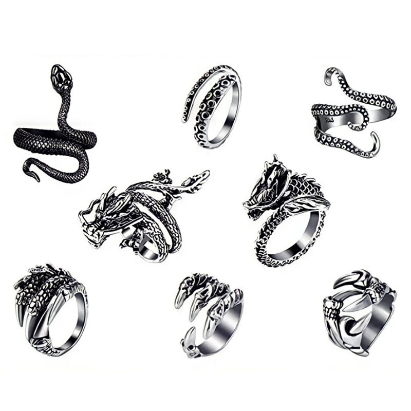 8 Anillos Gótico Acero, Ojo Dragón Ajustable Garra Serpiente